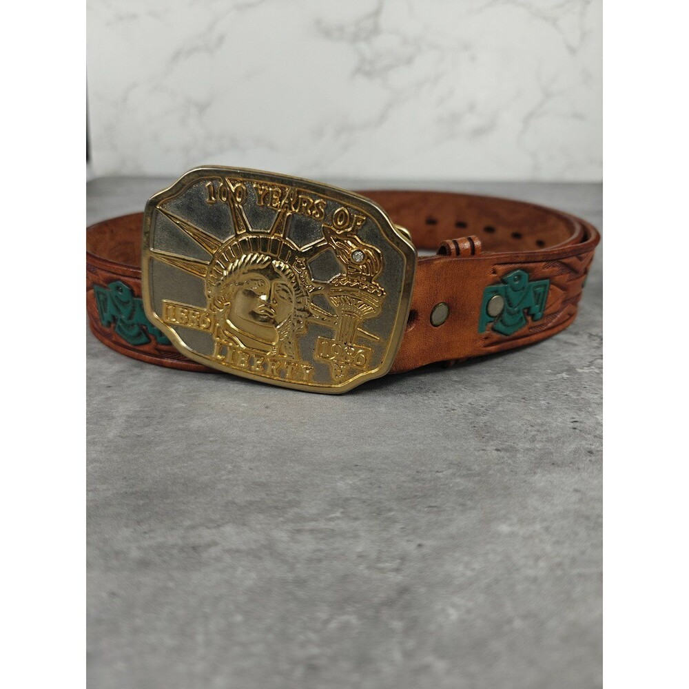 Vintage Tooled Leather Western Belt 34" W/ Statue Of Liberty Centennial Buckle